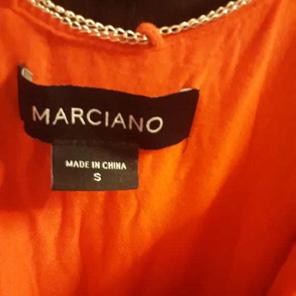 Gorgeous Never Worn Marciano Bold Orange Ruched Dress with Chain Detail - Picture 4 of 11